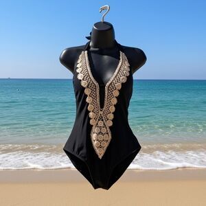 Mossimo Crochet Onepeice Swim Suit Black Size Small Halter Neck Plunge Neckline
